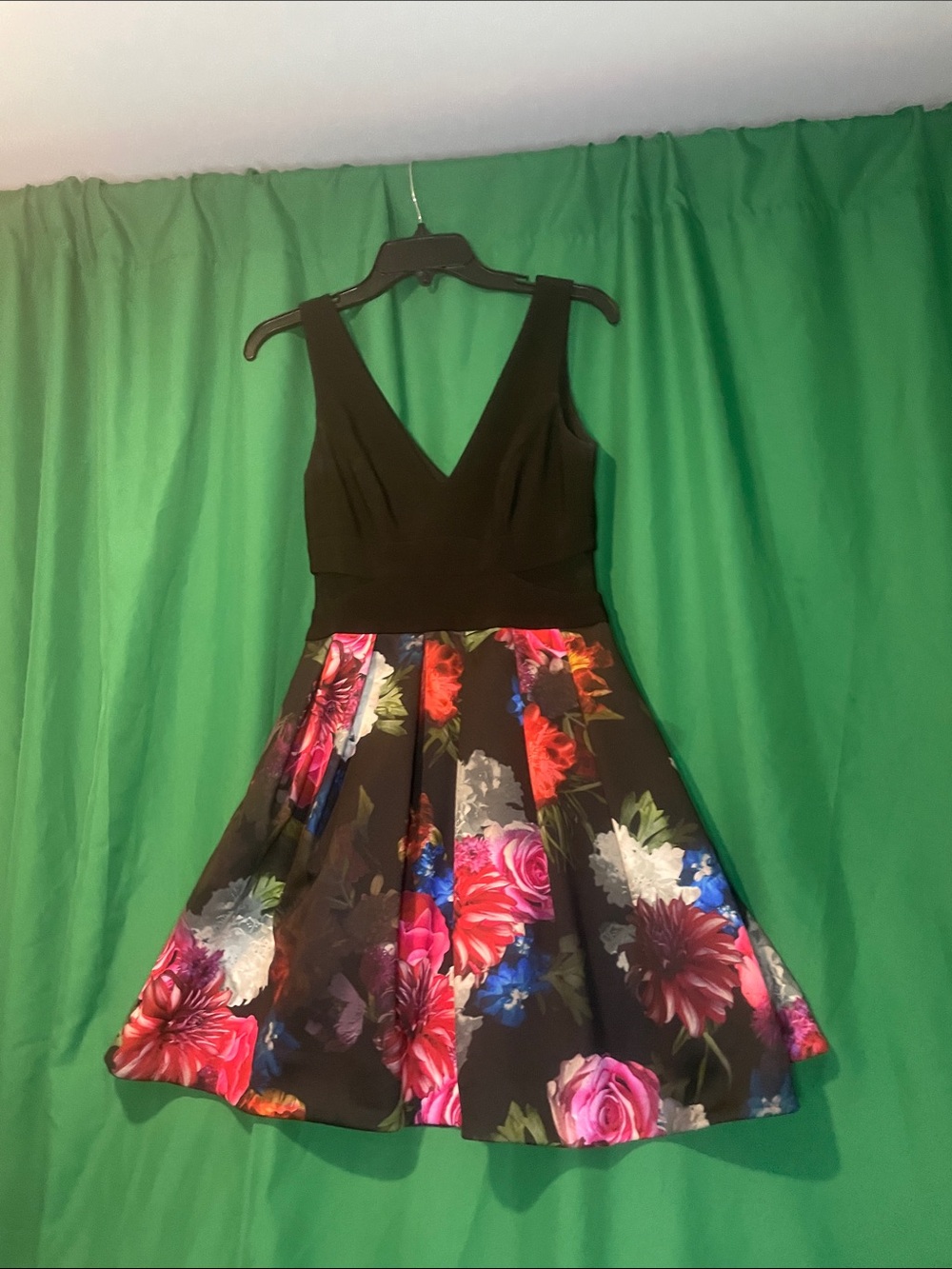 Xscape Black V‑Neck Fit & Flare Dress with Multicolor Floral Skirt. Worn once
